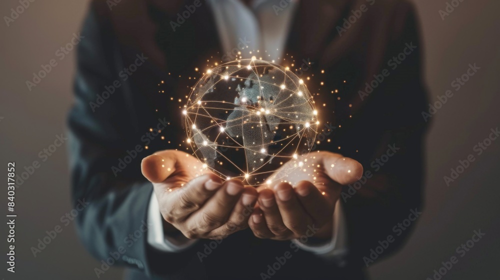 Aufkleber Businessman holding global network connection on social networking and customer data analytics, Business strategy and smart intelligence