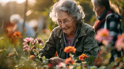 Elderly woman enjoying gardening, tending to colorful flowers in a sunny outdoor garden, capturing a serene moment of connection with nature.
