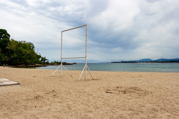 Empty billboard construction at Primorsko South Beach on the Black Sea coast, Province of Burgas, Bulgaria under cloudy May sky 