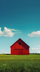 Obraz premium Red Barn in the Countryside close up, focus on, copy space Lush green fields, vibrant red barn, clear blue sky, Double exposure silhouette with barn and fields