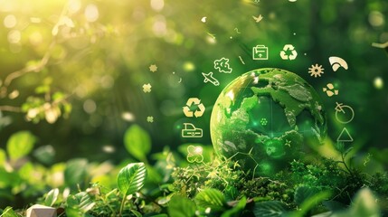 A globe surrounded by various recycling symbols and icons on a vibrant green background, representing global recycling efforts