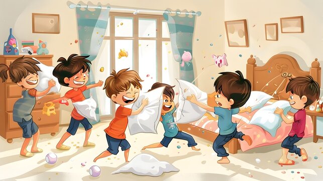 Cheerful Cartoon Kids Engaged in Playful Pillow Fight in Cozy Bedroom