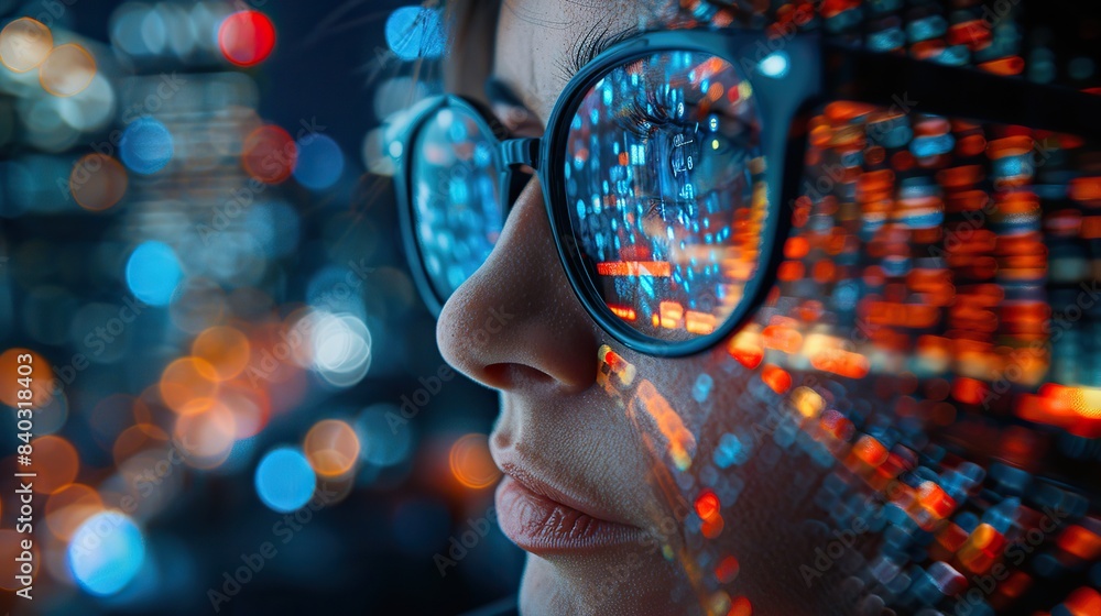 Poster data analytics digital technology and night overlay programmer or it person in glasses on screen pro