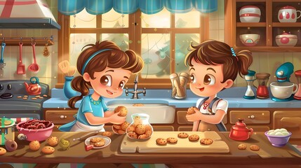 Adorable Cartoon Children Baking Cookies in a Cozy Homey Kitchen