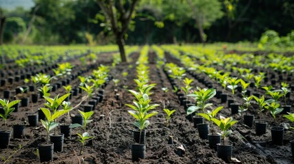 Rows of young saplings with biodegradable plant protectors in an open field, showcasing efforts in reforestation and growth
