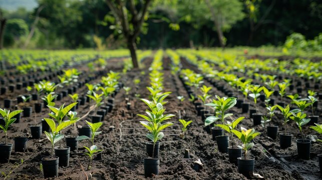 Rows of young saplings with biodegradable plant protectors in an open field, showcasing efforts in reforestation and growth