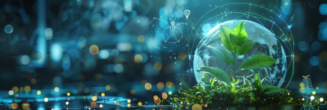 A globe with a lush green plant sprouting from it, set against a backdrop of various renewable energy icons, emphasizing global growth and protection