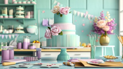 Masterful Cake Decorating Professional Studio with Elegant Tiered Cakes Fondant and Precision Tools
