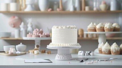 Masterful Cake Decorating Professional Studio with Elegant Tiered Cakes Fondant and Precision Tools