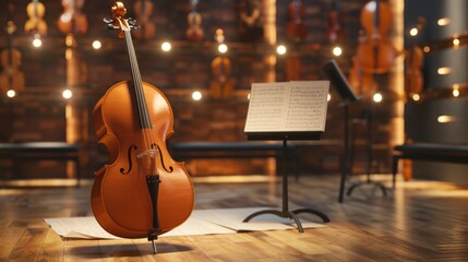 Melodic Workspace Professional Cellist's Rehearsal Studio with Blank Business Cards Cello Sheet Music and Music Stand Creative and Inspiring Musical Environment for Practice and Performance