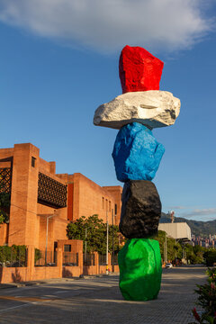 Medell&iacute;n, Medellin Antioquia. Colombia - 07 30 2023 : Artwork called Monta&ntilde;a Medell&iacute;n located in Parques del R&iacute;o. Artist : Ugo Rondinone.