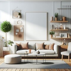 A living room style interior set design with a mockup poster empty white and with a couch and a table Vibrant Vibrant Vibrant creative.