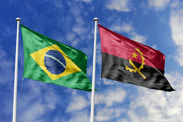 3D illustration. Brazil and Angola Flag waving in the sky. High detailed waving flag. 3D render....