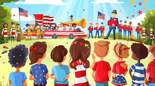 Adorable Cartoon Kids Watching 4th of July Parade with Festive Floats and Marching Bands