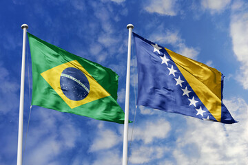 3D illustration. Brazil and Bosnia and Herzegovina Flag waving in the sky. High detailed waving...