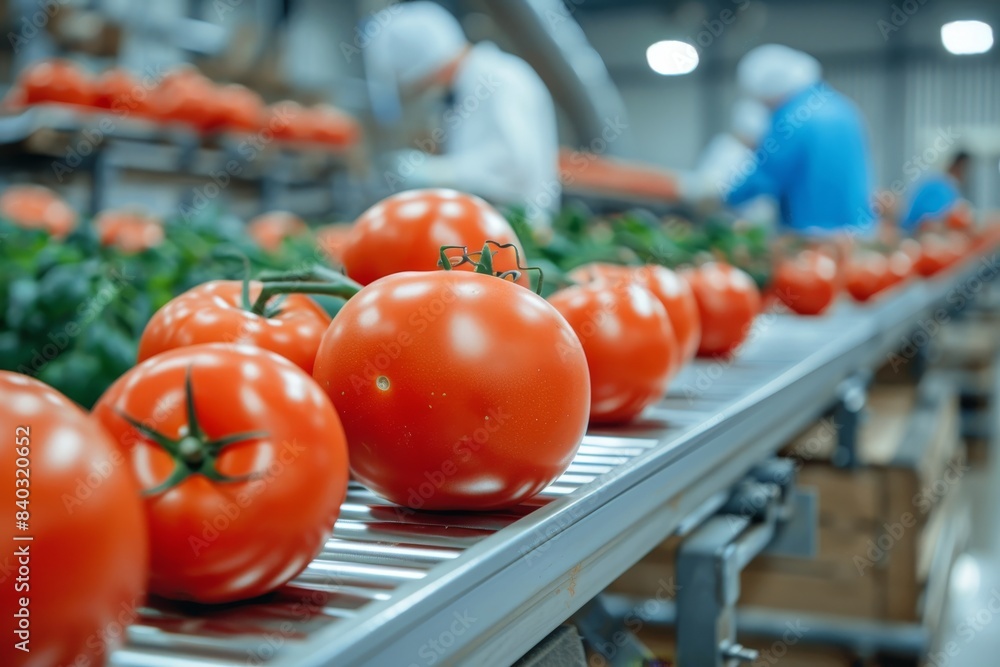 Aufkleber fresh and vibrant ripe tomatoes moving along a conveyor belt for efficient processing and sorting