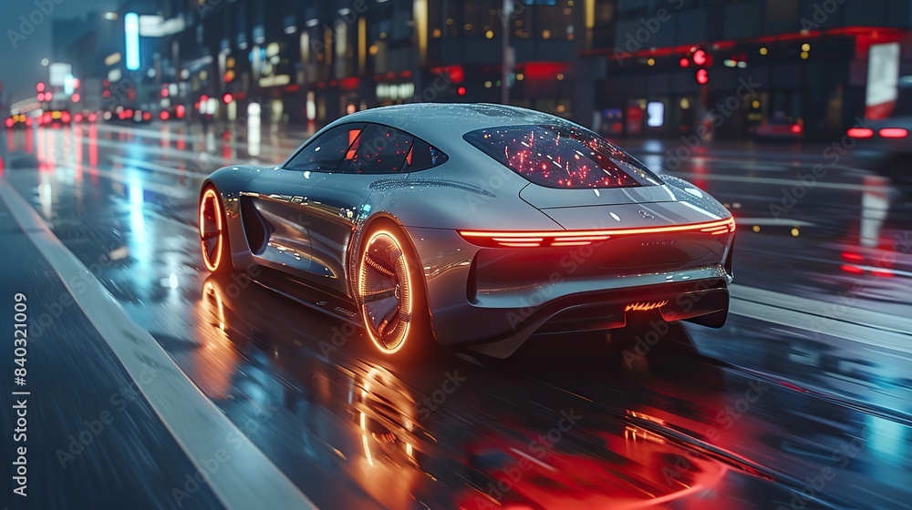 Poster aerial drone follows a futuristic concept car across a city highway ai sensors scan for speed limits