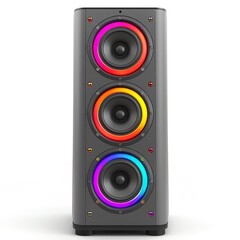 Obraz premium Modern portable speaker with colorful LED light display and triple driver system, offering high-quality sound for a dynamic audio experience.