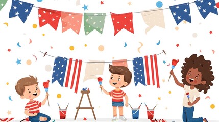 Cartoon Children Painting and Decorating for 4th of July Holiday