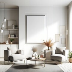 A living room style interior set design with a mockup poster empty white and with a large picture frame decoration Vibrant creative optimized.