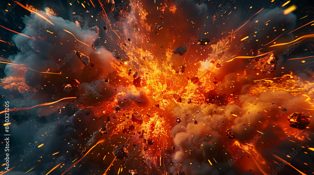 Poster Dynamic image capturing a massive explosion with intense flames and flying debris