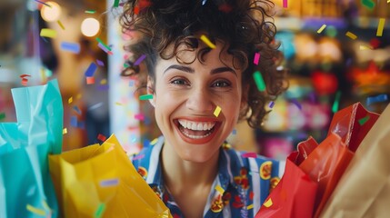 Confetti falling on a woman's face. She is smiling and has her eyes closed. She is wearing a colorful shirt. The background is blurred.