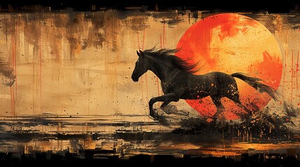 background vintage illustration horse chinoiserie golden brushstrokes textured background oil on canvas modern art wallpapers posters cards murals prints wall art.illustration