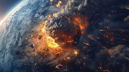 Illustration of a catastrophic asteroid impact causing a devastating firestorm on earth
