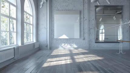 Obraz premium Elegant Ballet Studio with Pointe Shoes Mirrors and Blank Business Cards Professional Dancers Rehearsal Space