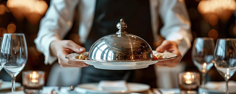 Elegant waiter serving a gourmet meal under a cloche at a fine dining restaurant. Romantic candlelight ambiance with exquisite table setting.