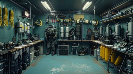 Fototapeta premium Exploring the Depths Dive Prep Room with Blank Business Cards Diving Suits Oxygen Tanks and Underwater Cameras