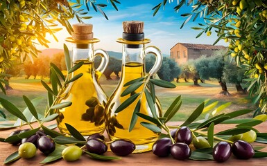 golden olive oil bottles with olives leaves and fruits setup in the middle of rural olive field with morning sunshine
