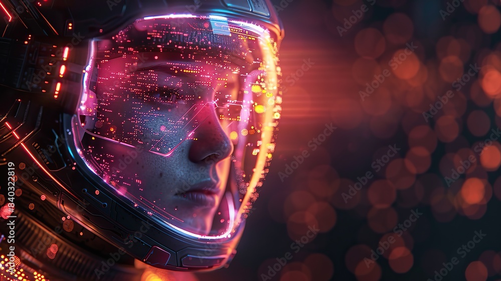 Poster digital technology character design presented with a low poly style and futuristic elements.stock photo