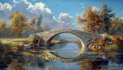 Scenic stone bridge over a serene river surrounded by autumn trees and clear sky, reflecting a peaceful nature landscape.