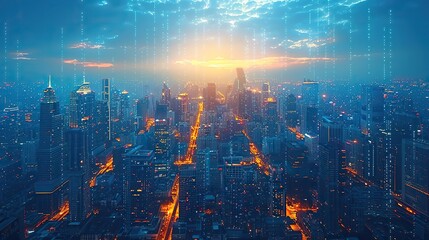 Fototapeta premium a network of computers laptops tablets and mobile phones internet of things g communication concept in a smart city rendering of skyscrapers.image illustration