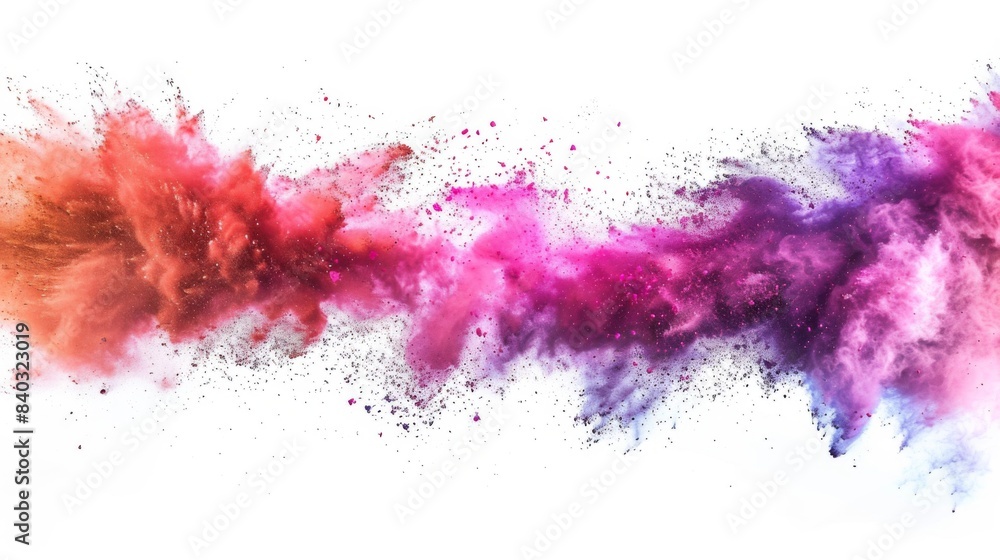 Poster colored powder explosion on white background. abstract closeup dust on backdrop. colorful explode.