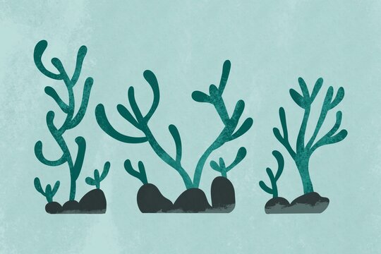 Stylized underwater plant illustrations on textured background