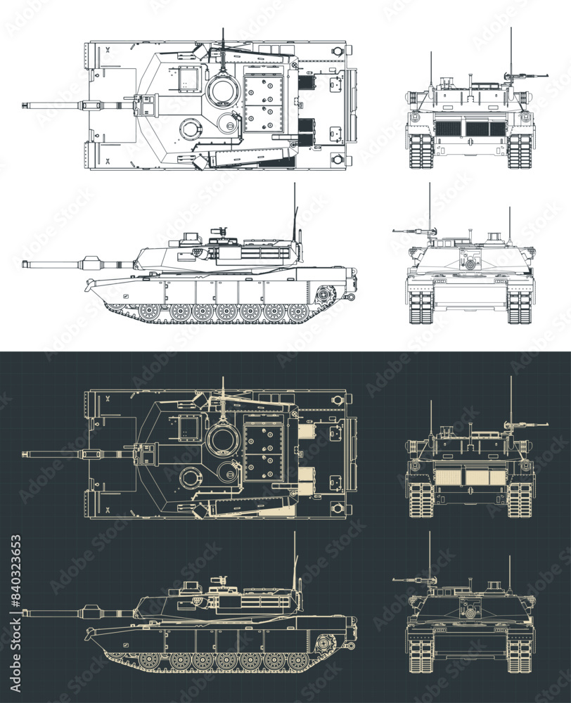 Wall mural M1 Abrams tank blueprints illustrations