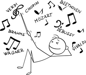 Person enjoying and listening classical music, vector cartoon stick figure or character illustration.