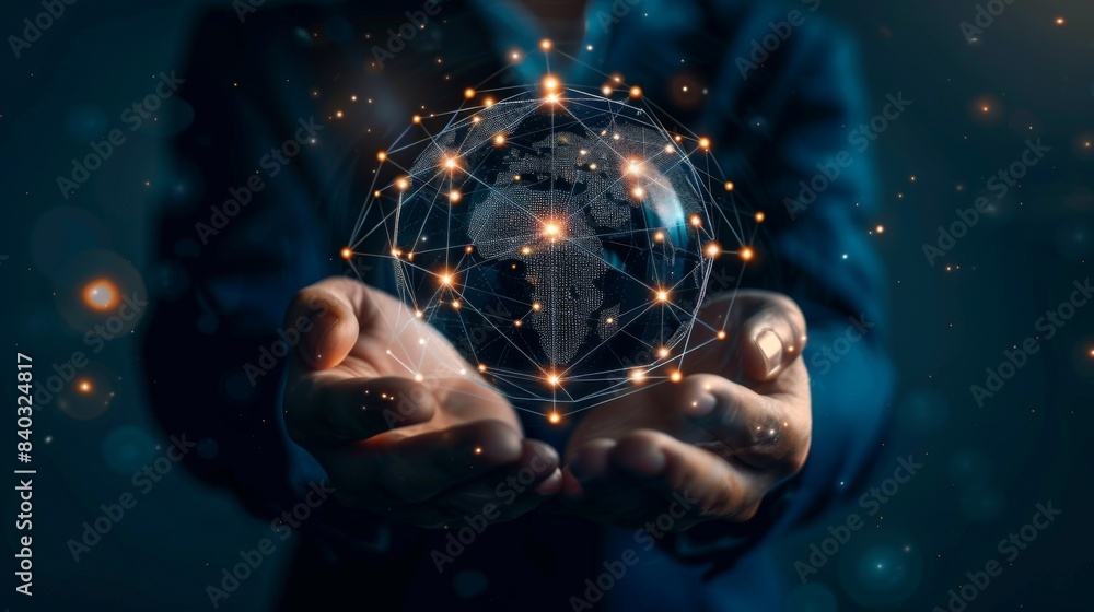 Aufkleber CRM. Customer network relationship management concept, Businessman hold of global structure customer network technology, Data exchanges development.