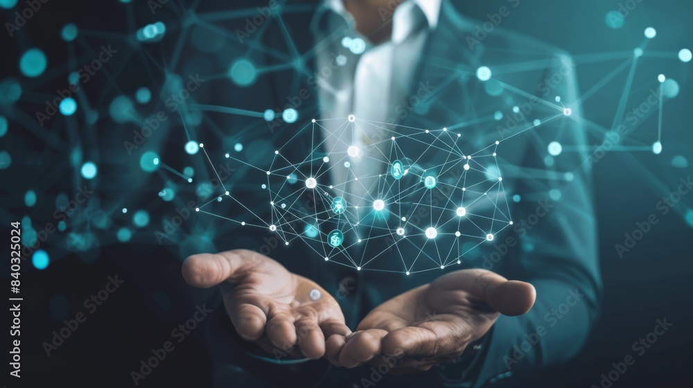 Aufkleber CRM. Customer network relationship management concept, Businessman hold of global structure customer network technology, Data exchanges development.