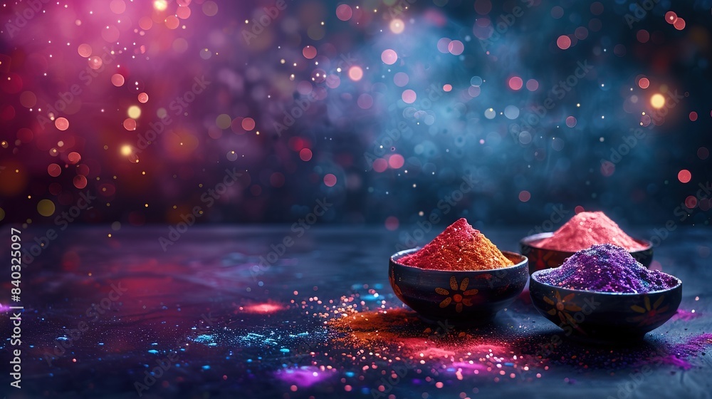 Wall mural Holi celebration background with bowls of colorful powder 