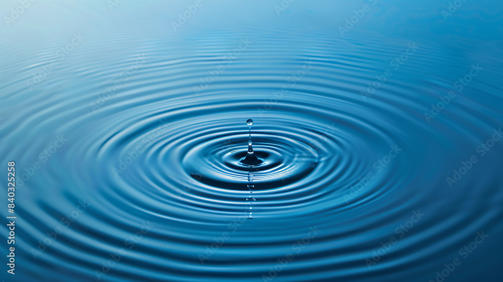 Poster Serene image of a single water droplet creating ripples on a smooth, blue surface