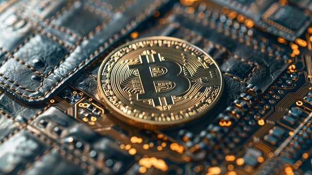 Close-up of a Bitcoin token placed on a circuit board, symbolizing digital cryptocurrency and blockchain technology.