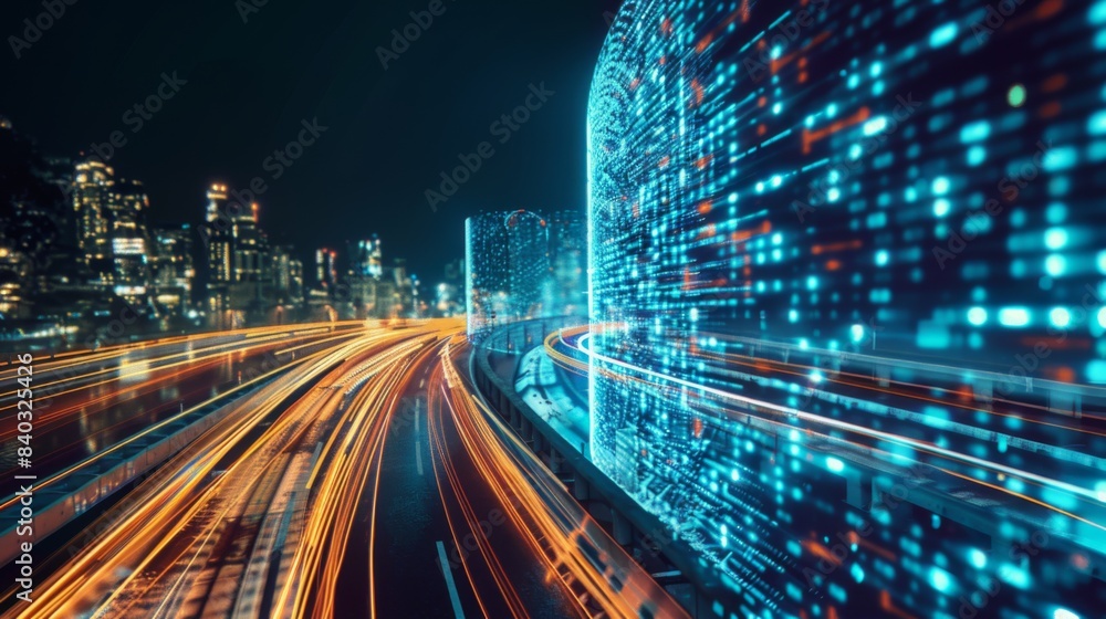 Leinwandbilder Digital data flow on road with motion blur to create vision of fast speed transfer . Concept of future digital transformation