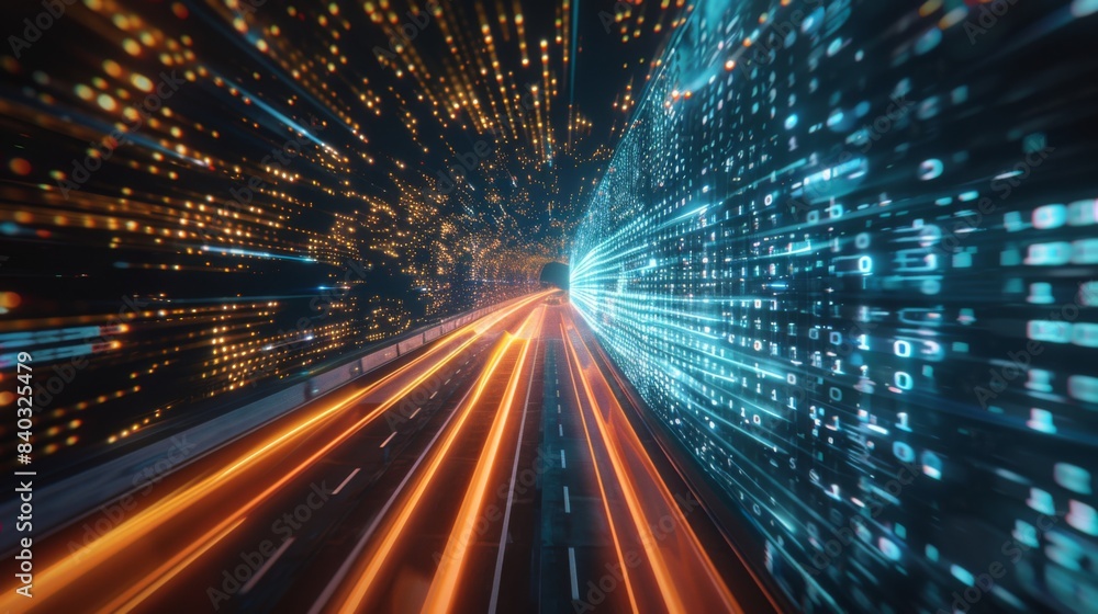 Fototapete digital data flow on road with motion blur to create vision of fast speed transfer . concept of futu