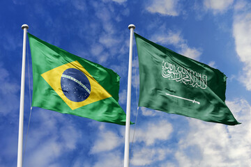 3D illustration. Brazil and Saudi Arabia Flag waving in the sky. High detailed waving flag. 3D...