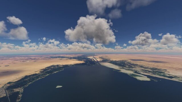 Drone aerial shot of the Suez Canal. Egypt