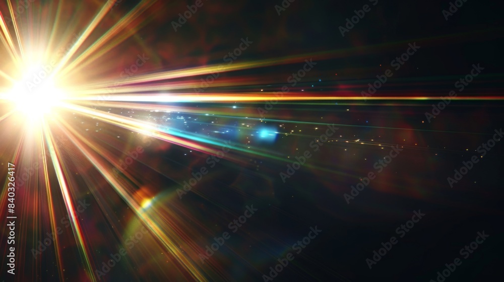 Poster Easy to add lens flare effects for overlay designs or screen blending mode to make high-quality images. Abstract sun burst, digital flare, iridescent glare over black background.