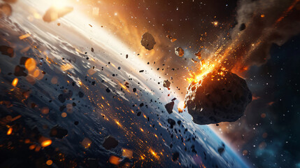 Fototapeta premium Vivid scene of a deadly meteor shower nearing a planet, surrounded by debris and fire